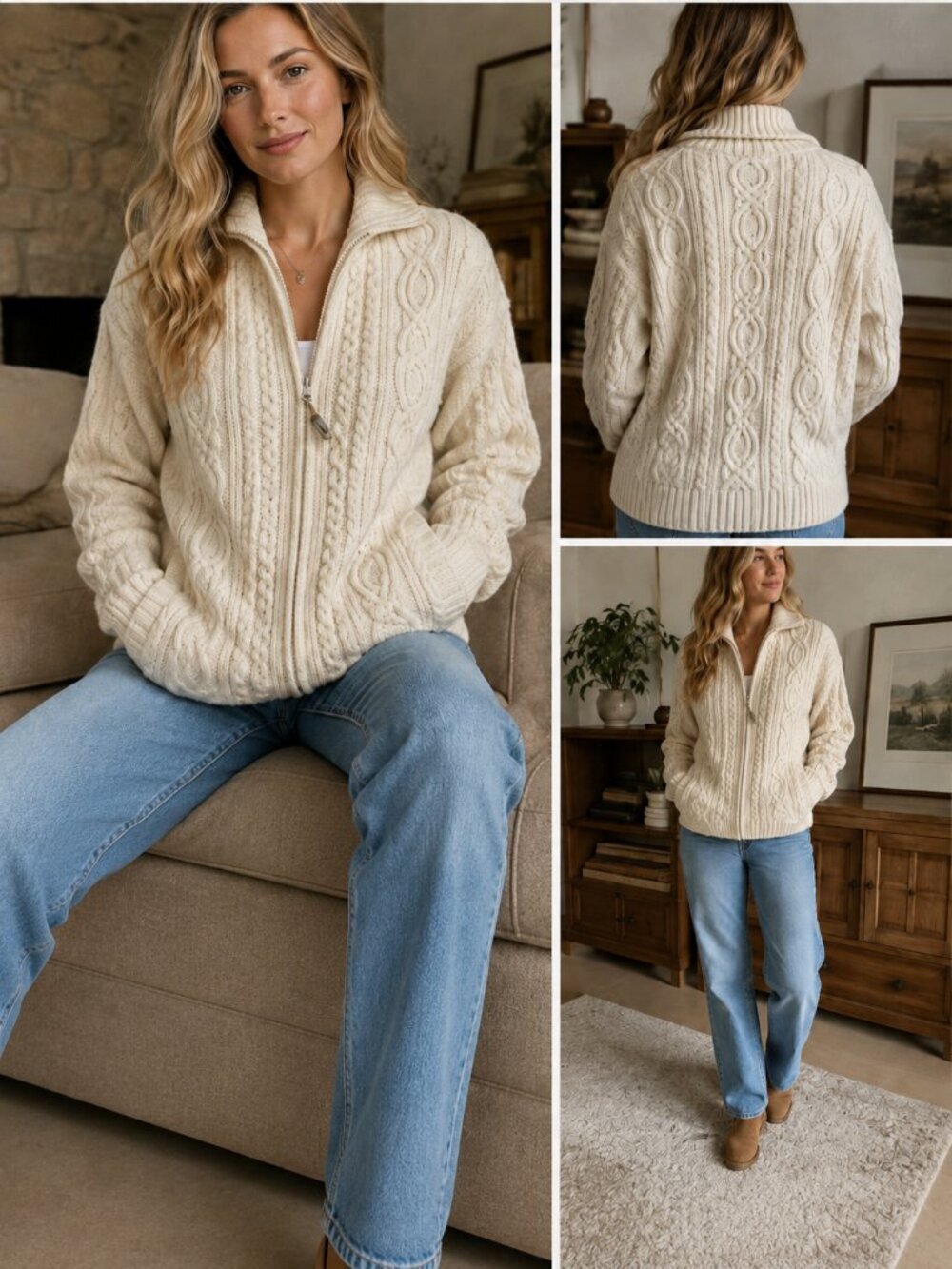 Aran Crafts Ireland Merino Wool Cable Knit Zip Cardigan Fisherman Sweater L